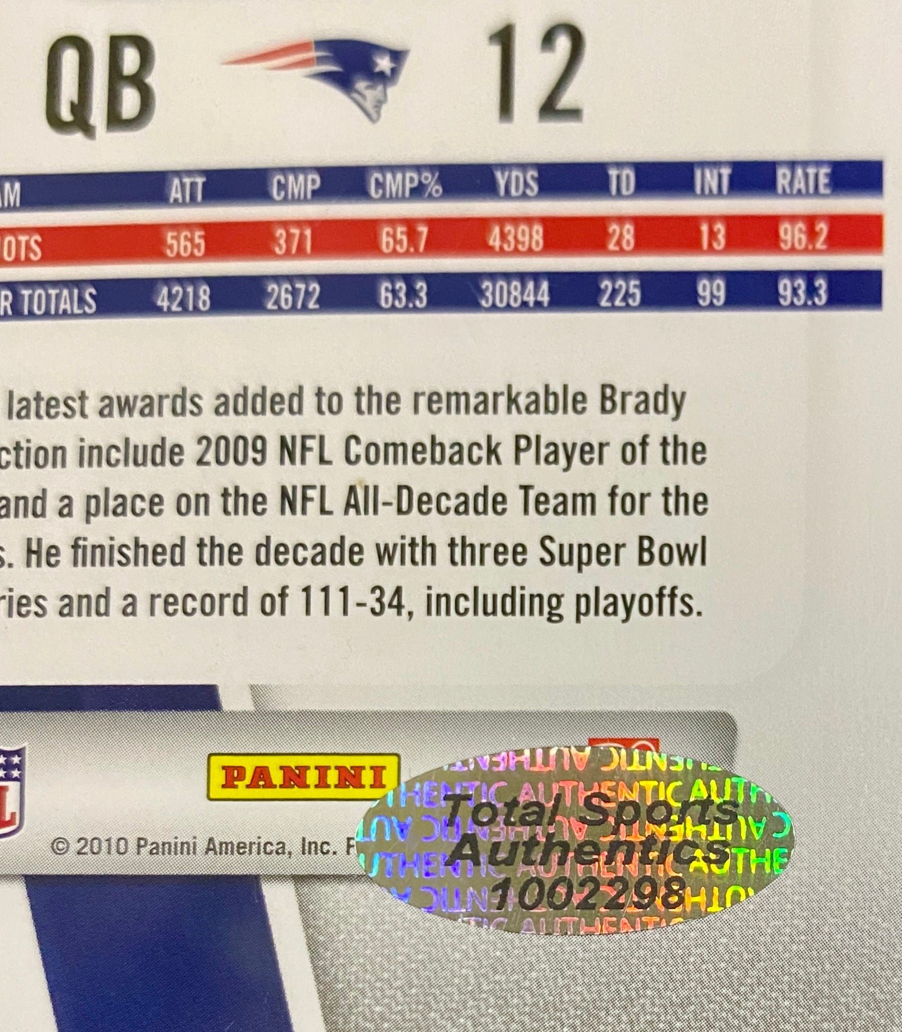 Tom Brady Signed Card With COA (1002298) (Patriots)