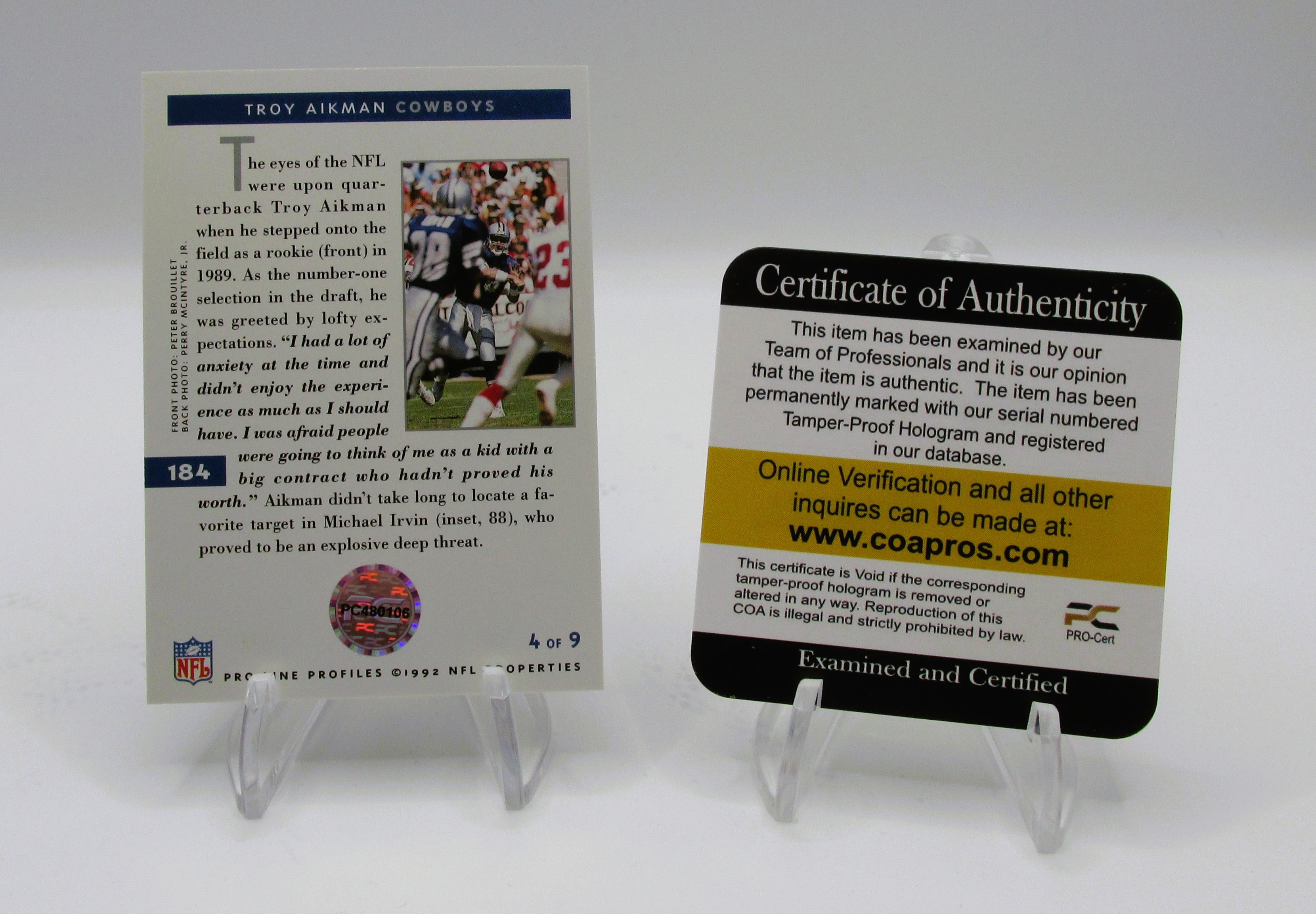 Troy Aikman Signed Card With COA (PC480106) (Cowboys)